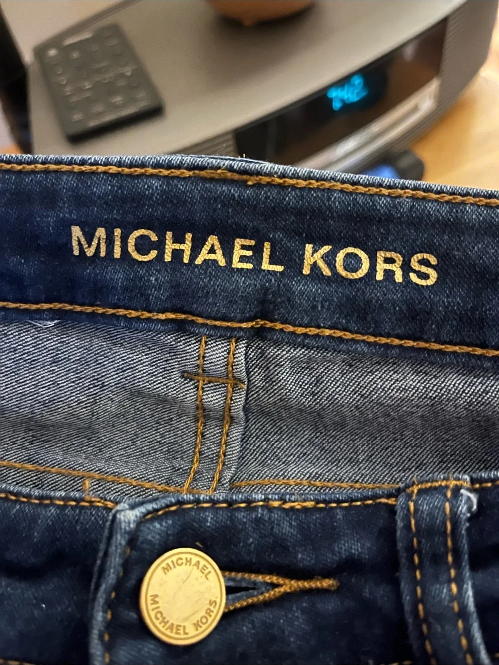 Michael Kors Dark Blue Skinny Jeans with Gold Zip Accents